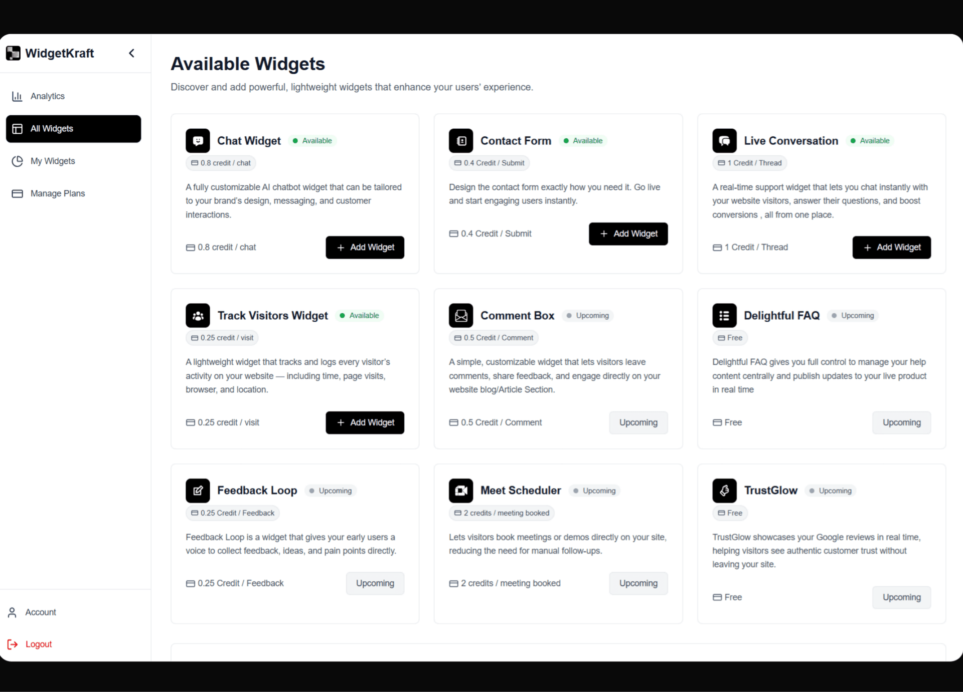 WidgetKraft Dashboard Preview